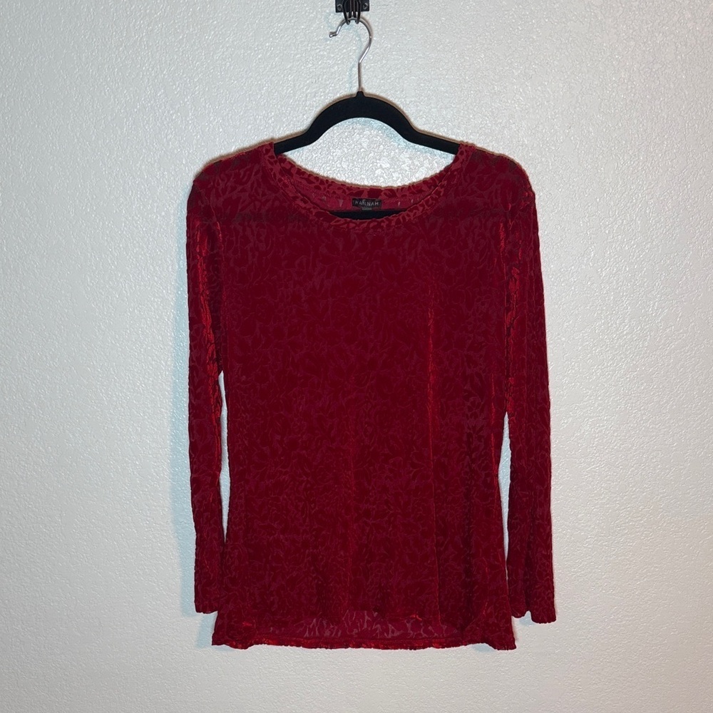 Hannah Red Floral Burnout Velvet Long Sleeve Top Size XL